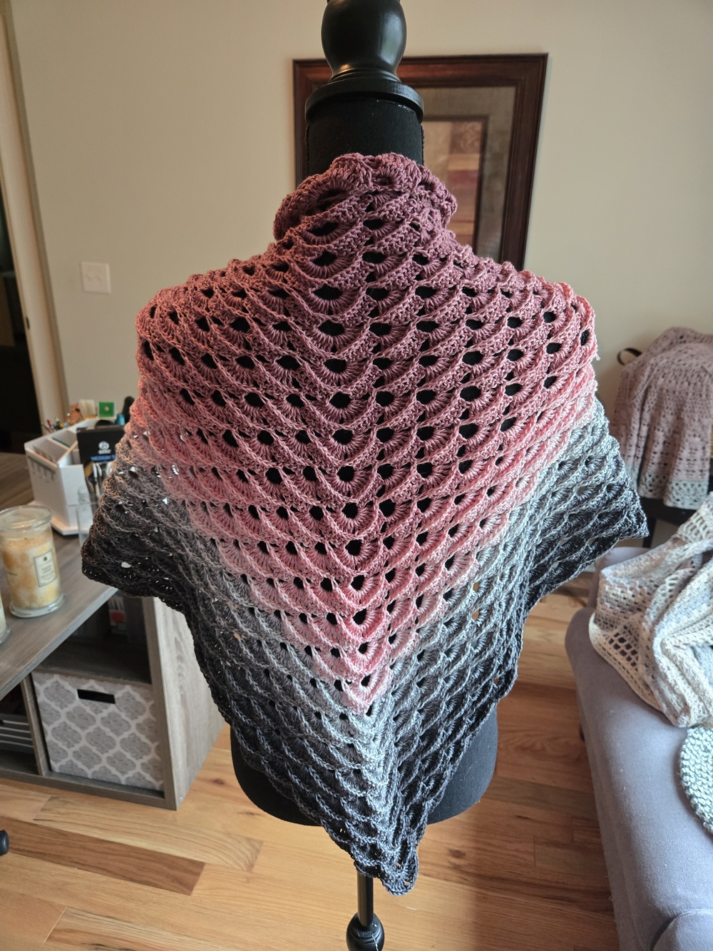 Boho Gradient Crochet Triangle Shawl - Pink To Gray